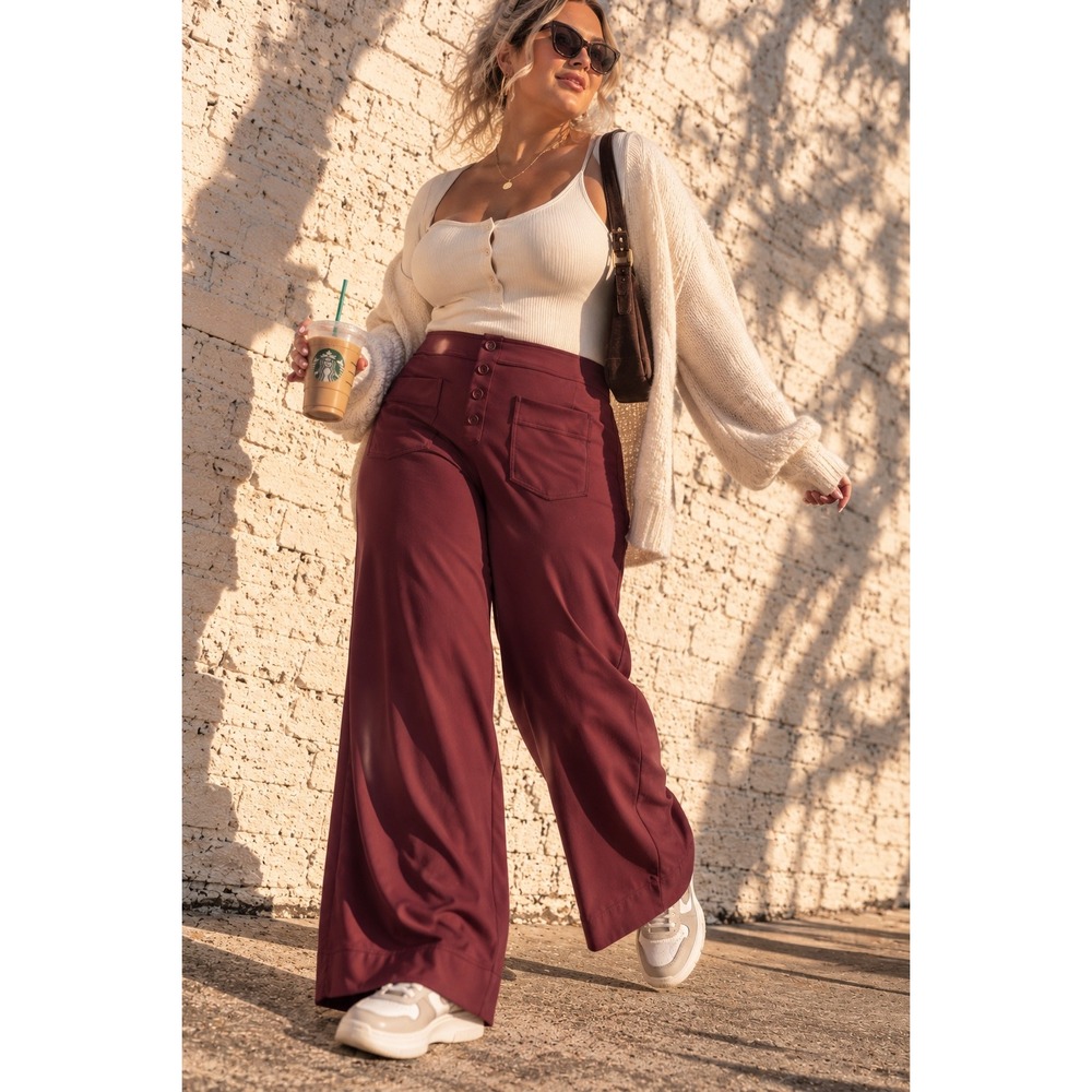 Halara Burgundy Stretch Wide Leg High Waisted Multi Pocket Pants XL